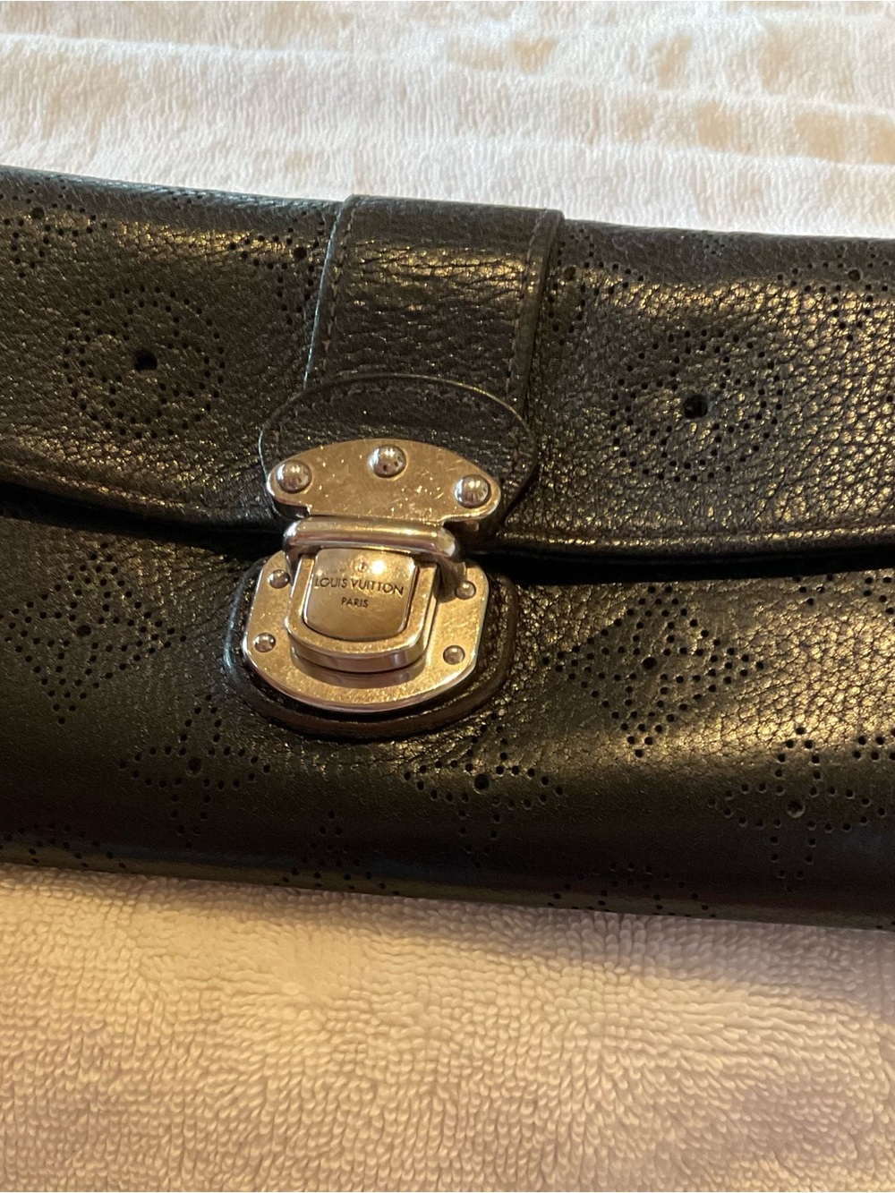 Louis Vuitton Black Perforated Leather Clutch Wallet with Silver Hardware.